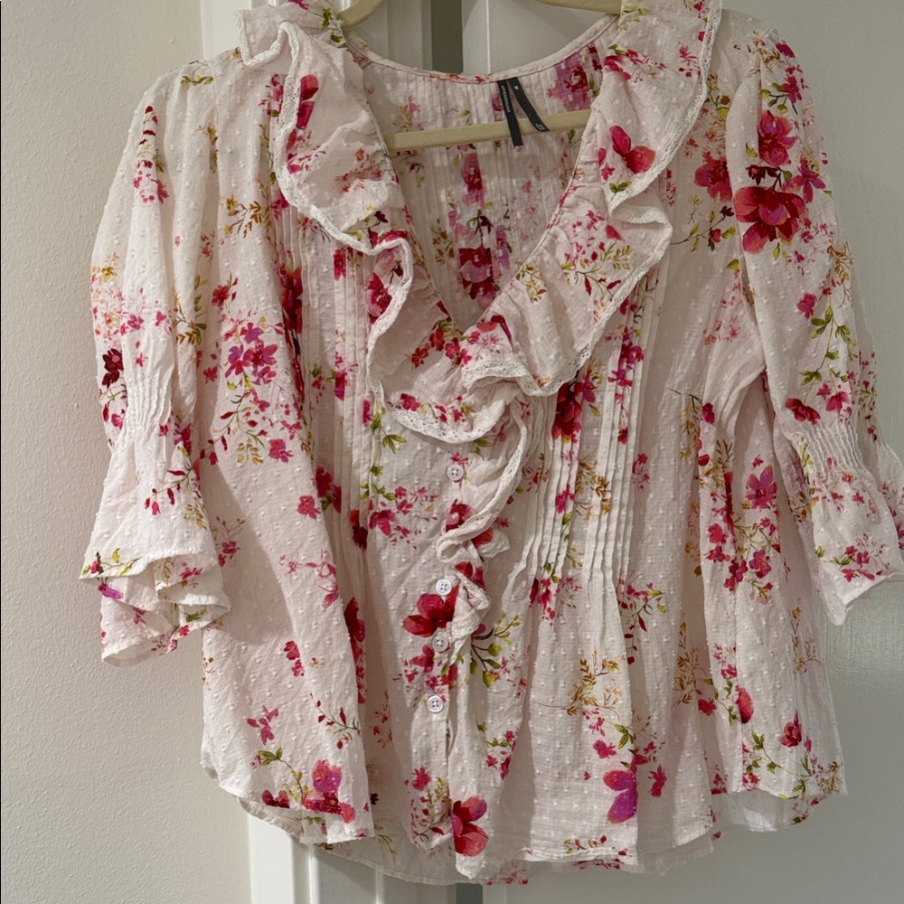 Anthropologie Floral Ruffle Blouse in Pink and White